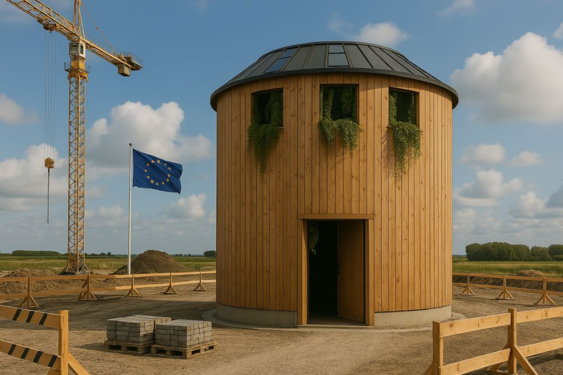 Houten Klimaatsilo in Middelburg met symbolische CO₂-uitstootbuizen, omringd door nieuwsgierige bezoekers tijdens de opening van het bewustwordingspaviljoen.